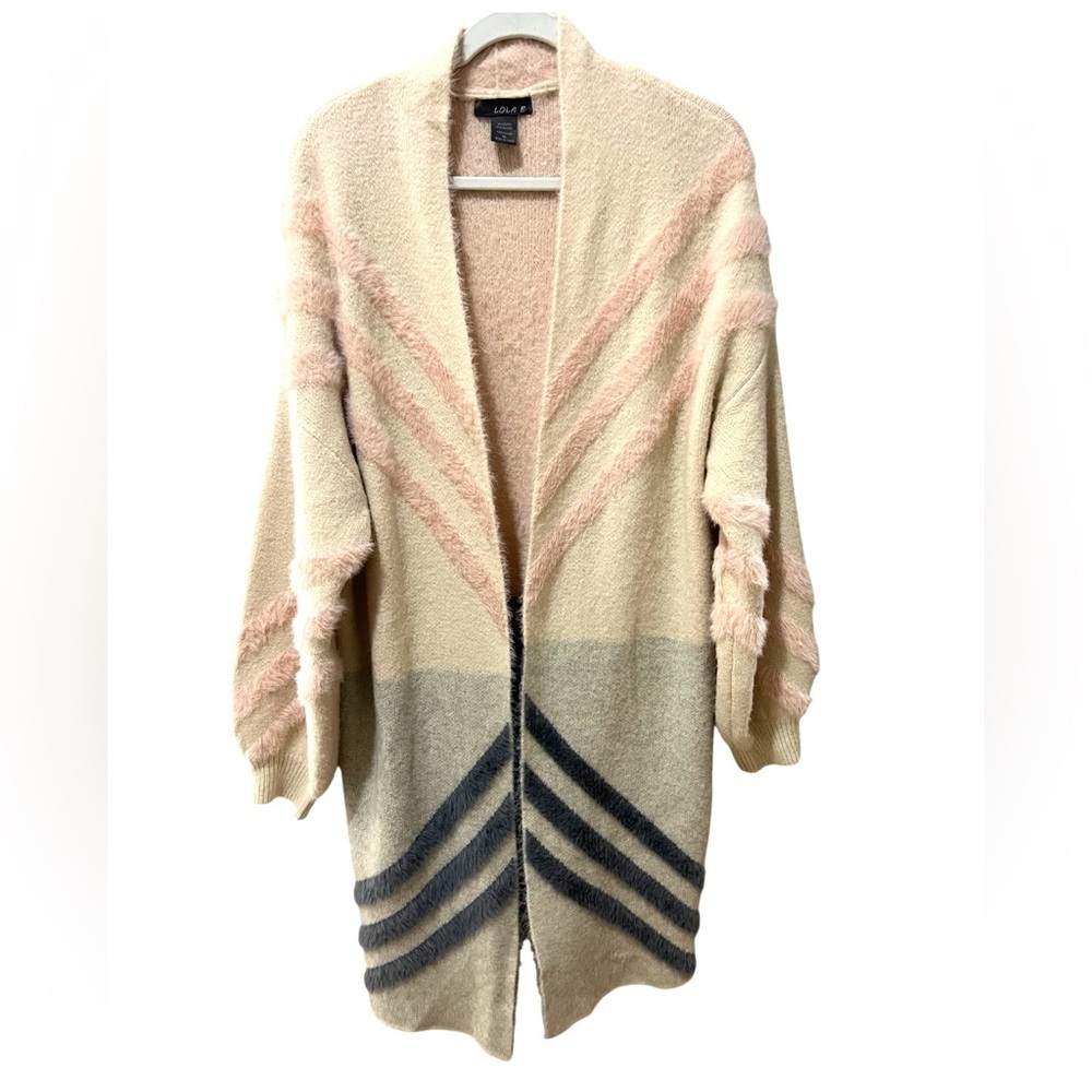 Lola B.Cardigan Sweater Long  Soft Cozy Cream Pink Grey SZ XL EUC